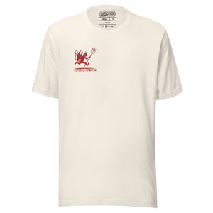 Artificial Perdition devil mascot, red illustrated devil mid-stride with trident and brand name, hand-drawn style on black, official logo tee