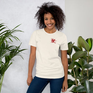 Artificial Perdition devil mascot, red illustrated devil mid-stride with trident and brand name, hand-drawn style on black, official logo tee