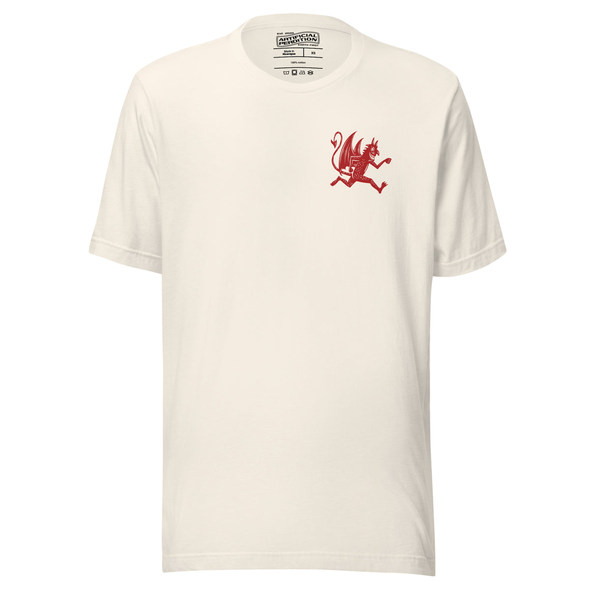 Artificial Perdition devil mascot, red illustrated devil mid-stride with trident and brand name, hand-drawn style on black, official logo tee