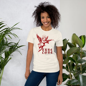 Red cherub angel with halo aiming rifle above blackletter True Love text, dark ironic tattoo flash style, Artificial Perdition apparel