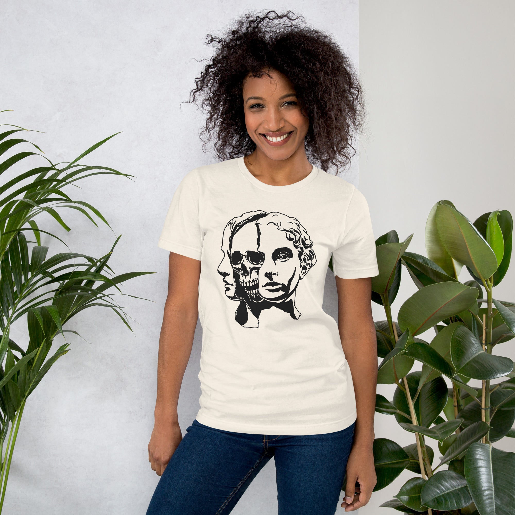 Split face illustration, half classical sculpture bust and half skull, black and white high contrast, Dead Inside, Artificial Perdition apparel