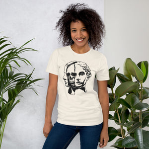 Split face illustration, half classical sculpture bust and half skull, black and white high contrast, Dead Inside, Artificial Perdition apparel
