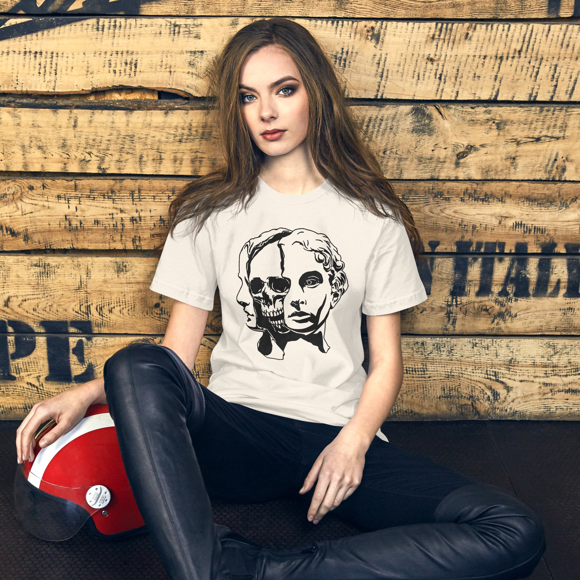 Split face illustration, half classical sculpture bust and half skull, black and white high contrast, Dead Inside, Artificial Perdition apparel