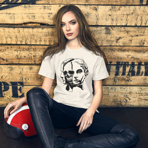 Split face illustration, half classical sculpture bust and half skull, black and white high contrast, Dead Inside, Artificial Perdition apparel