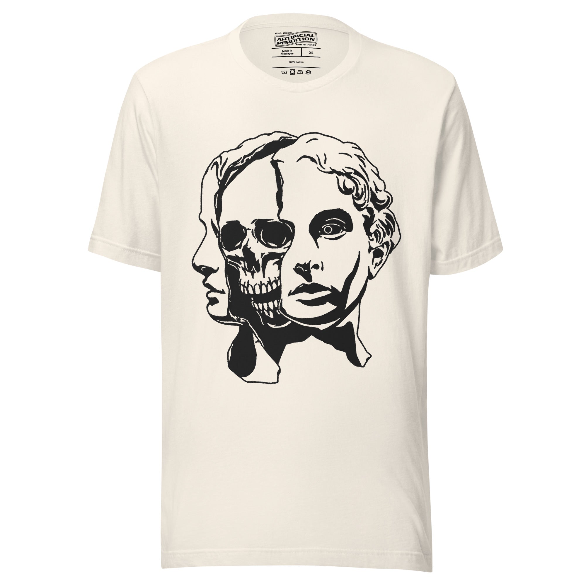 Split face illustration, half classical sculpture bust and half skull, black and white high contrast, Dead Inside, Artificial Perdition apparel