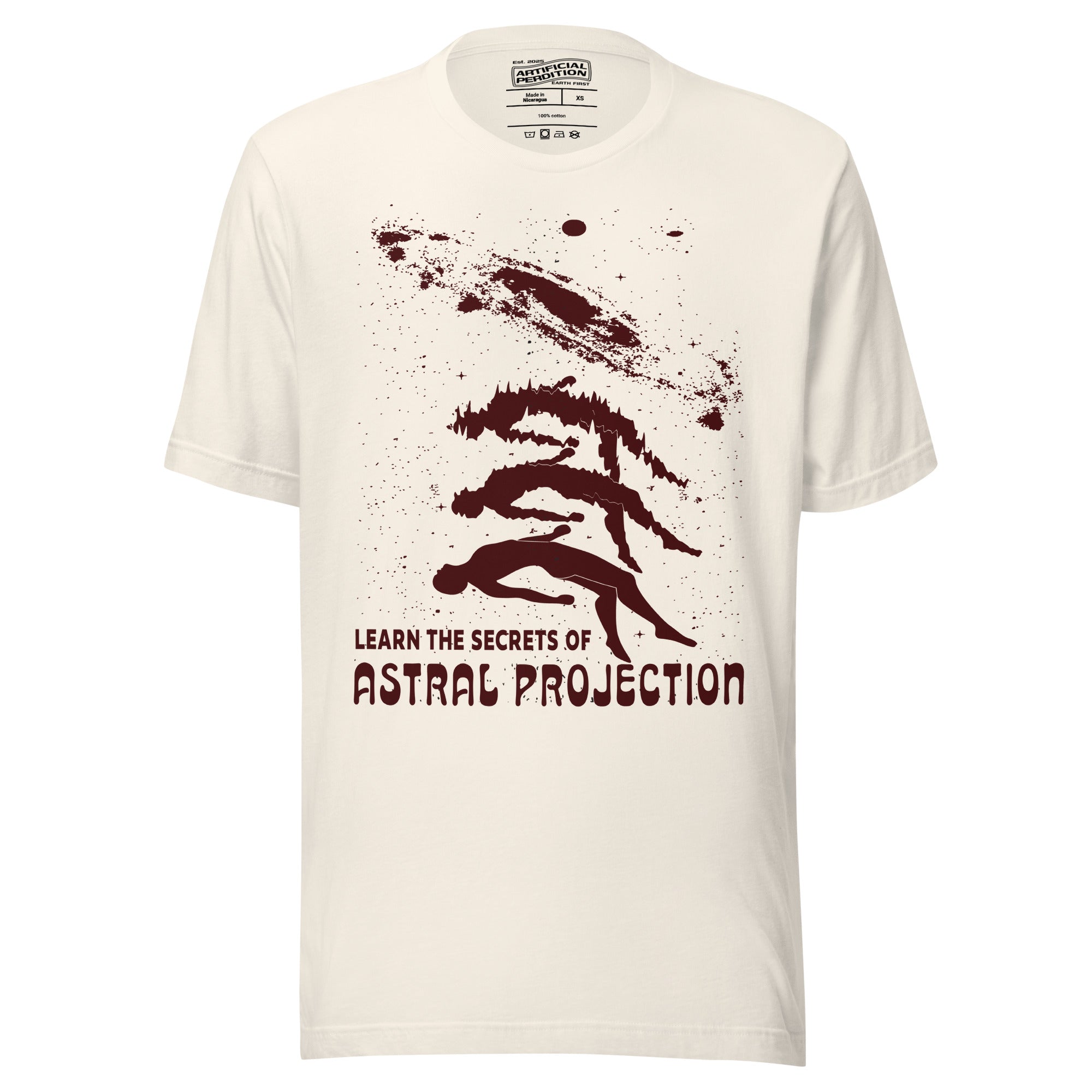 Three figures rising from a reclining body toward a spiral galaxy with Learn the Secrets of Astral Projection text, retro occult advertisement style, Artificial Perdition apparel