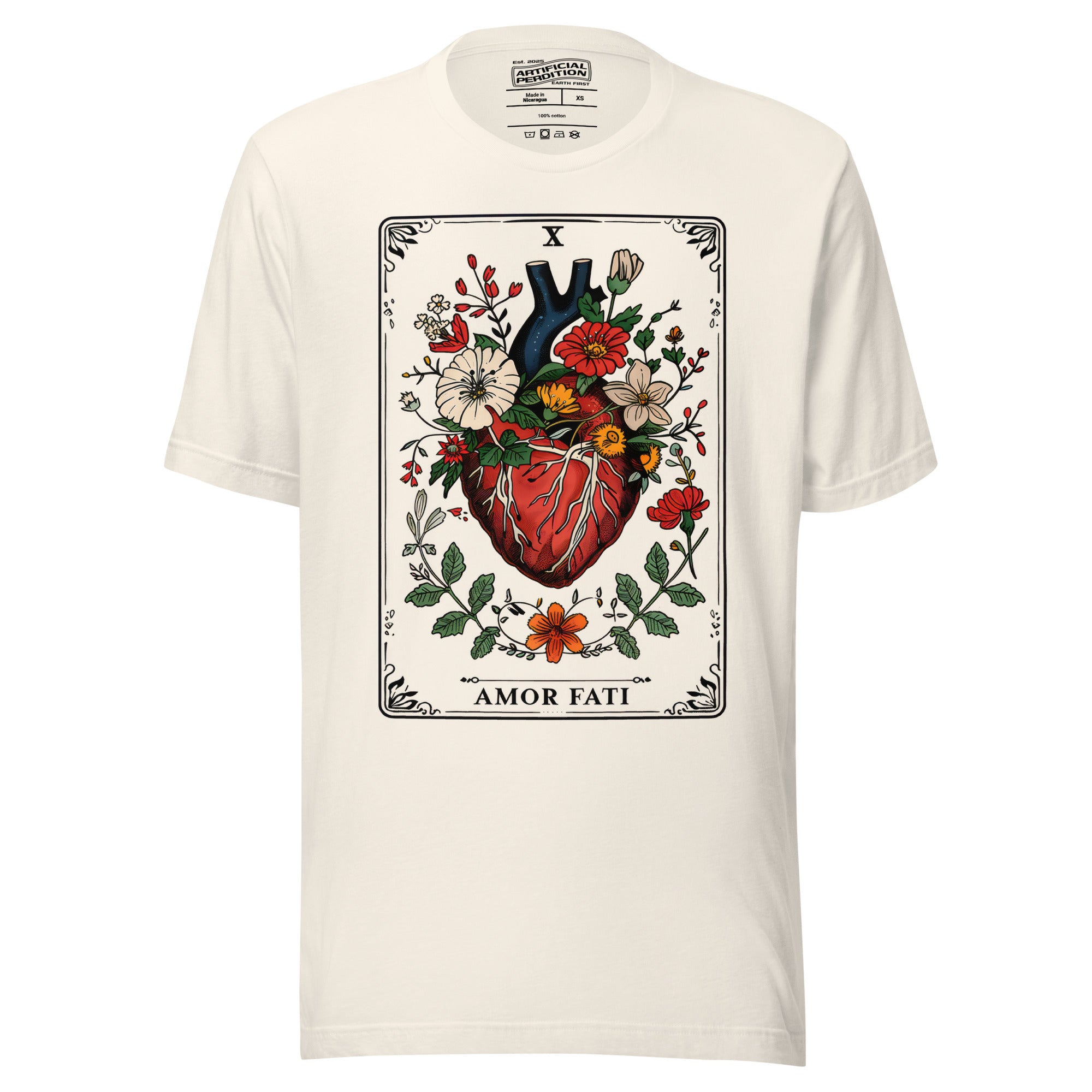 Tarot card illustration numbered X with an anatomical heart in bloom surrounded by wildflowers and vines, Amor Fati, Artificial Perdition apparel
