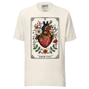 Tarot card illustration numbered X with an anatomical heart in bloom surrounded by wildflowers and vines, Amor Fati, Artificial Perdition apparel