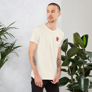 Artificial Perdition devil mascot, red illustrated devil mid-stride with trident and brand name, hand-drawn style on black, official logo tee