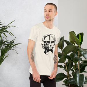 Split face illustration, half classical sculpture bust and half skull, black and white high contrast, Dead Inside, Artificial Perdition apparel