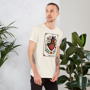 Tarot card illustration numbered X with an anatomical heart in bloom surrounded by wildflowers and vines, Amor Fati, Artificial Perdition apparel
