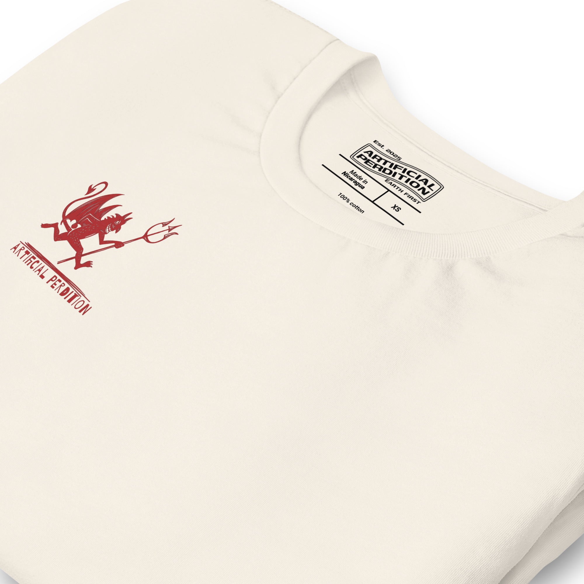 Artificial Perdition devil mascot, red illustrated devil mid-stride with trident and brand name, hand-drawn style on black, official logo tee