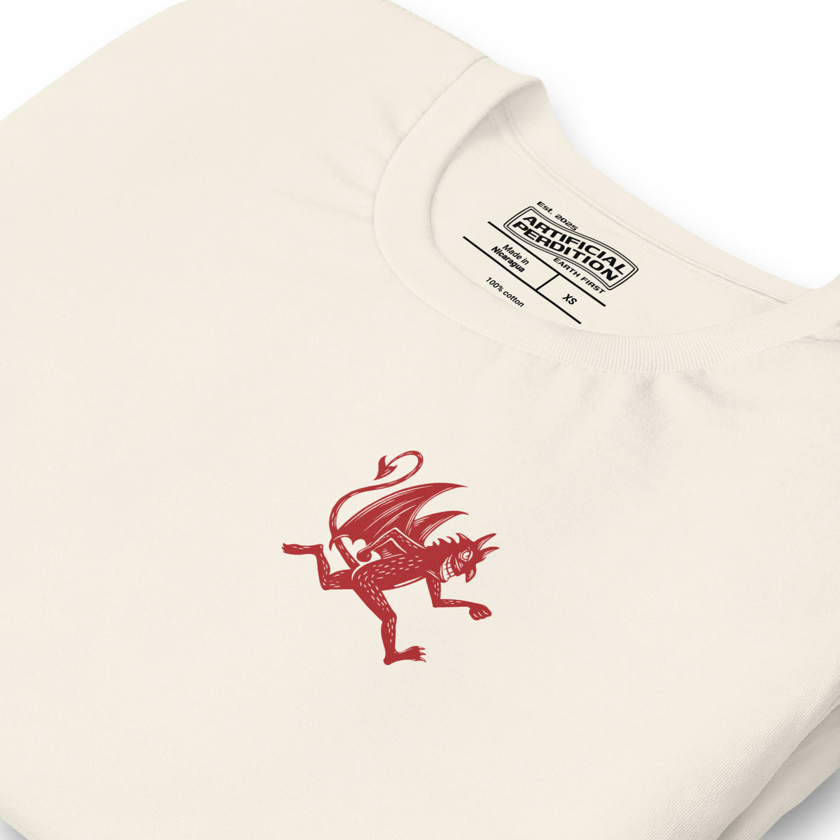 Artificial Perdition devil mascot, red illustrated devil mid-stride with trident and brand name, hand-drawn style on black, official logo tee