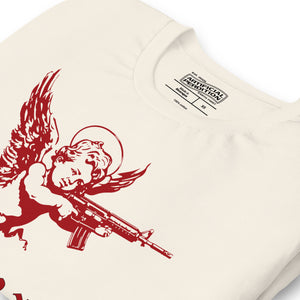 Red cherub angel with halo aiming rifle above blackletter True Love text, dark ironic tattoo flash style, Artificial Perdition apparel