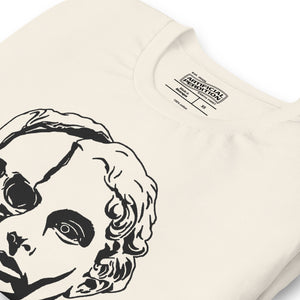 Split face illustration, half classical sculpture bust and half skull, black and white high contrast, Dead Inside, Artificial Perdition apparel