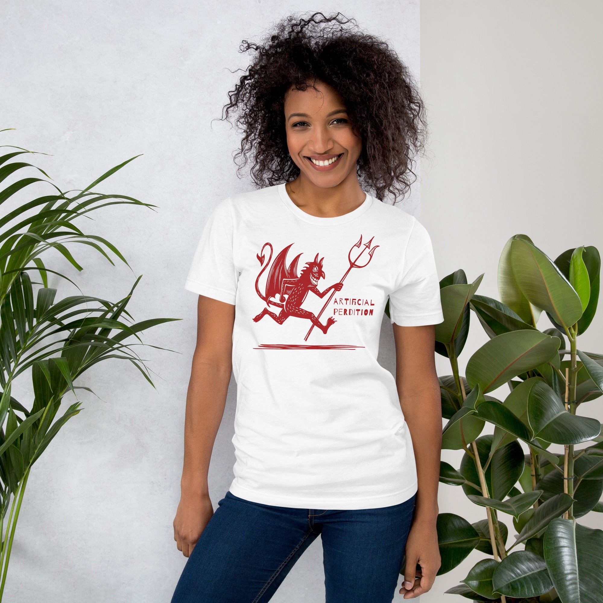 Artificial Perdition devil mascot, red illustrated devil mid-stride with trident and brand name, hand-drawn style on black, official logo tee