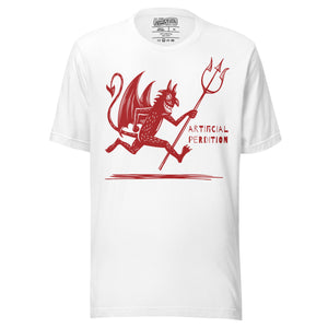 Artificial Perdition devil mascot, red illustrated devil mid-stride with trident and brand name, hand-drawn style on black, official logo tee