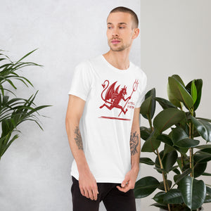 Artificial Perdition devil mascot, red illustrated devil mid-stride with trident and brand name, hand-drawn style on black, official logo tee