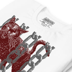 Snarling cat breaking through chains with UNGOVERNABLE text, dithered halftone red on cream, Artificial Perdition apparel
