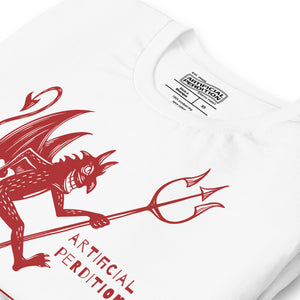 Artificial Perdition devil mascot, red illustrated devil mid-stride with trident and brand name, hand-drawn style on black, official logo tee