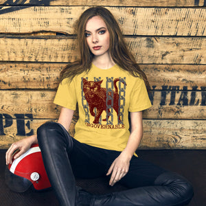 Snarling cat breaking through chains with UNGOVERNABLE text, dithered halftone red on cream, Artificial Perdition apparel