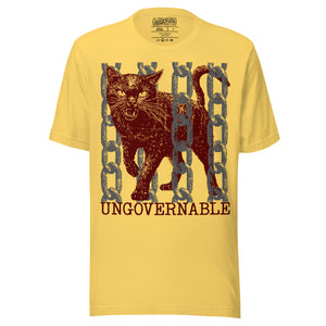 Snarling cat breaking through chains with UNGOVERNABLE text, dithered halftone red on cream, Artificial Perdition apparel