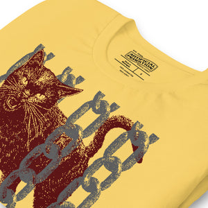 Snarling cat breaking through chains with UNGOVERNABLE text, dithered halftone red on cream, Artificial Perdition apparel