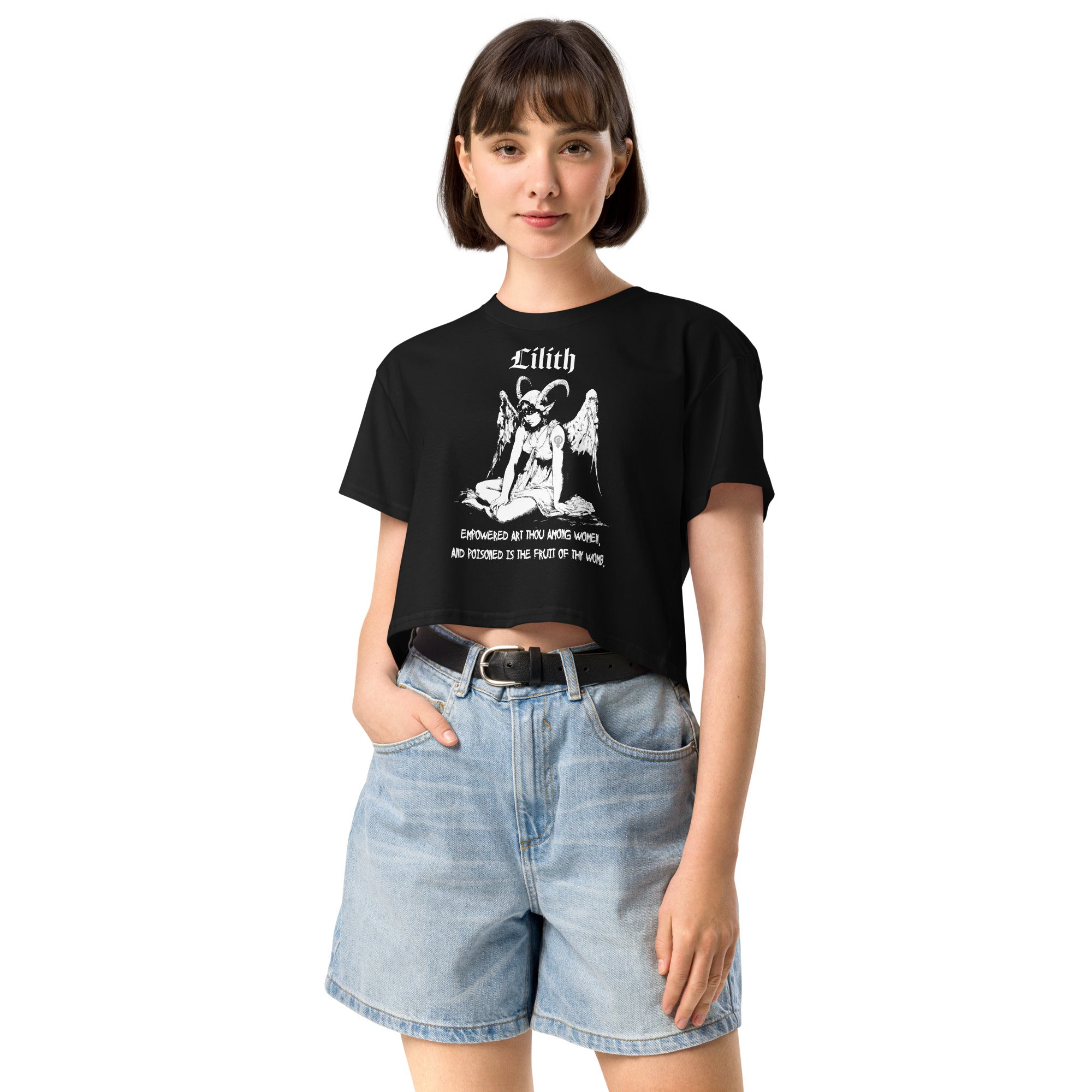 Black cropped cotton t-shirt featuring a black-and-white Lilith illustration with horns, wings, and gothic lettering.