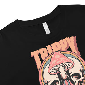 Cropped tee featuring a split skull and mushroom design with melting psychedelic color and smiley faces. Soft combed cotton, eco-friendly inks, playful surreal vibe.