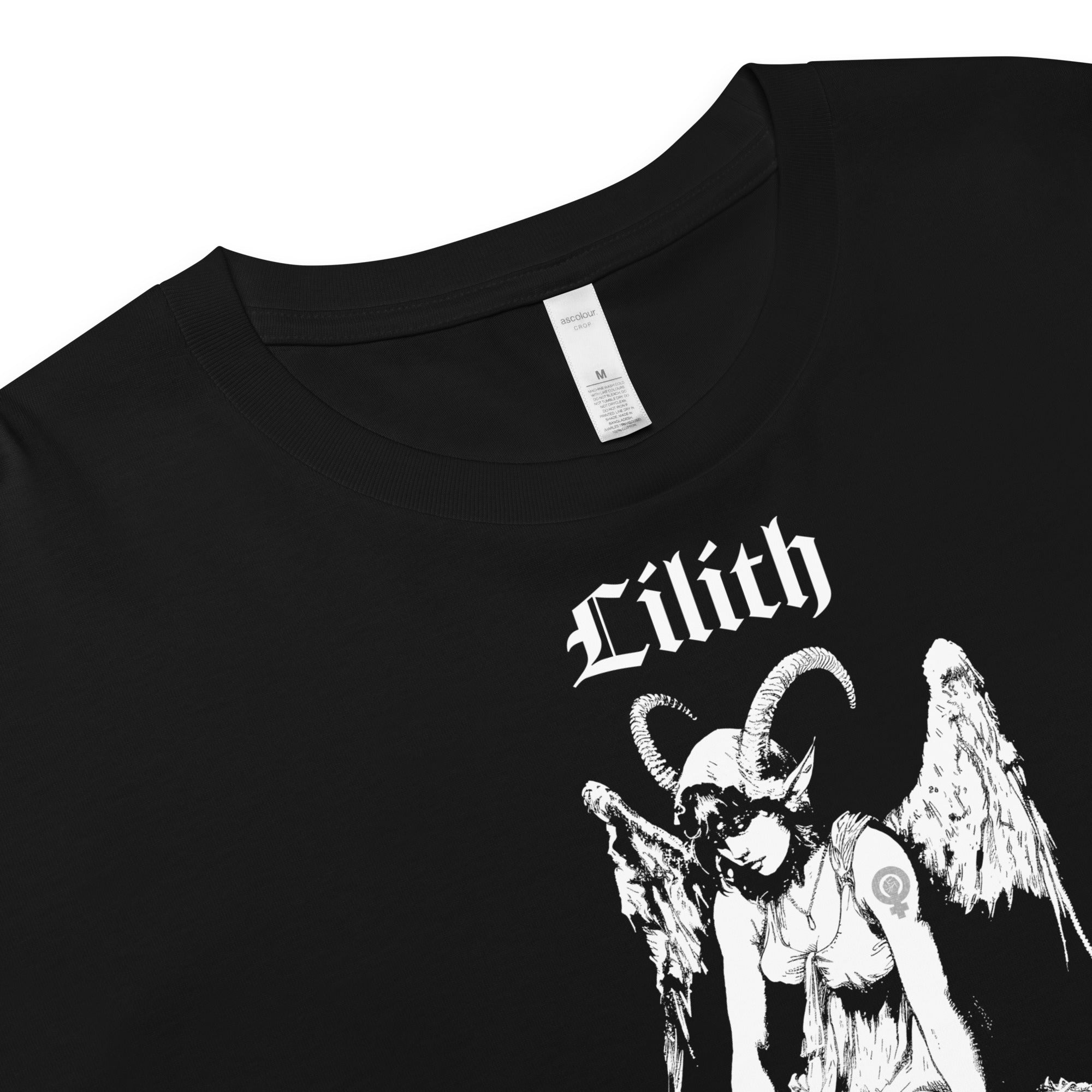 Black cropped cotton t-shirt featuring a black-and-white Lilith illustration with horns, wings, and gothic lettering.