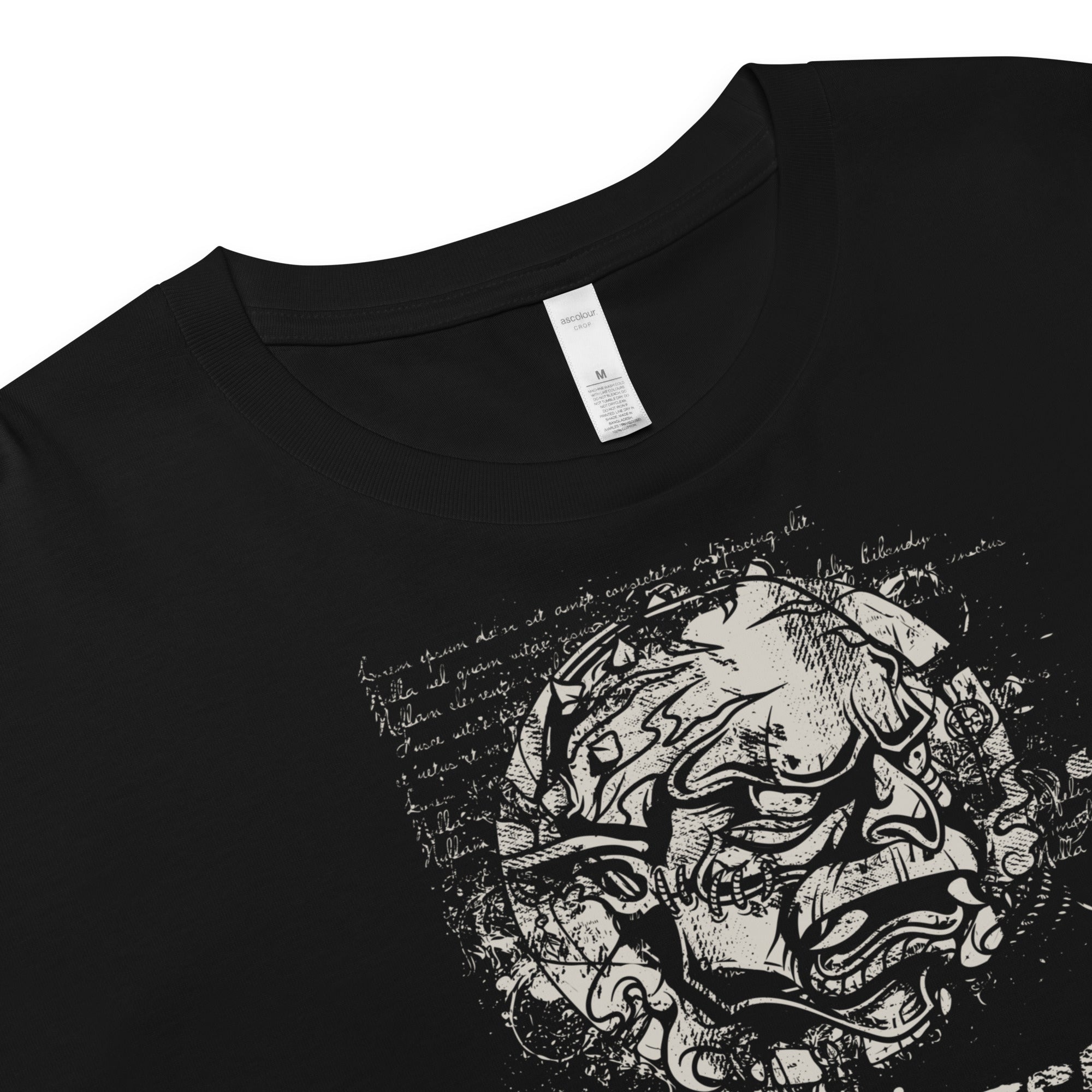 Black cropped cotton t-shirt featuring horned monster inside a ritual circle with mystical script and “Monster Inside” text.