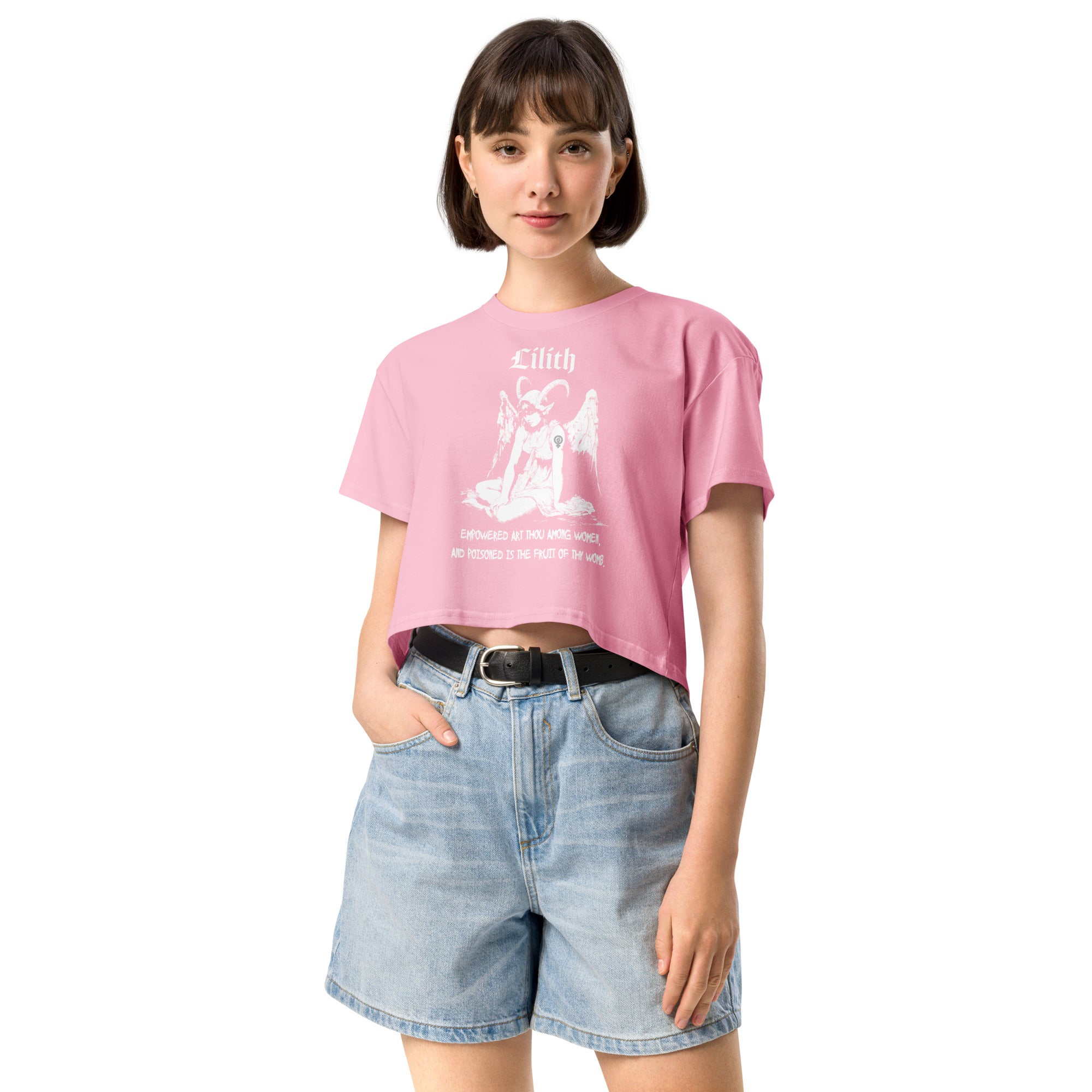 Black cropped cotton t-shirt featuring a black-and-white Lilith illustration with horns, wings, and gothic lettering.