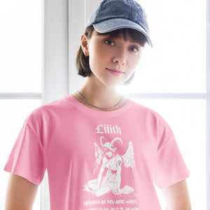 Black cropped cotton t-shirt featuring a black-and-white Lilith illustration with horns, wings, and gothic lettering.