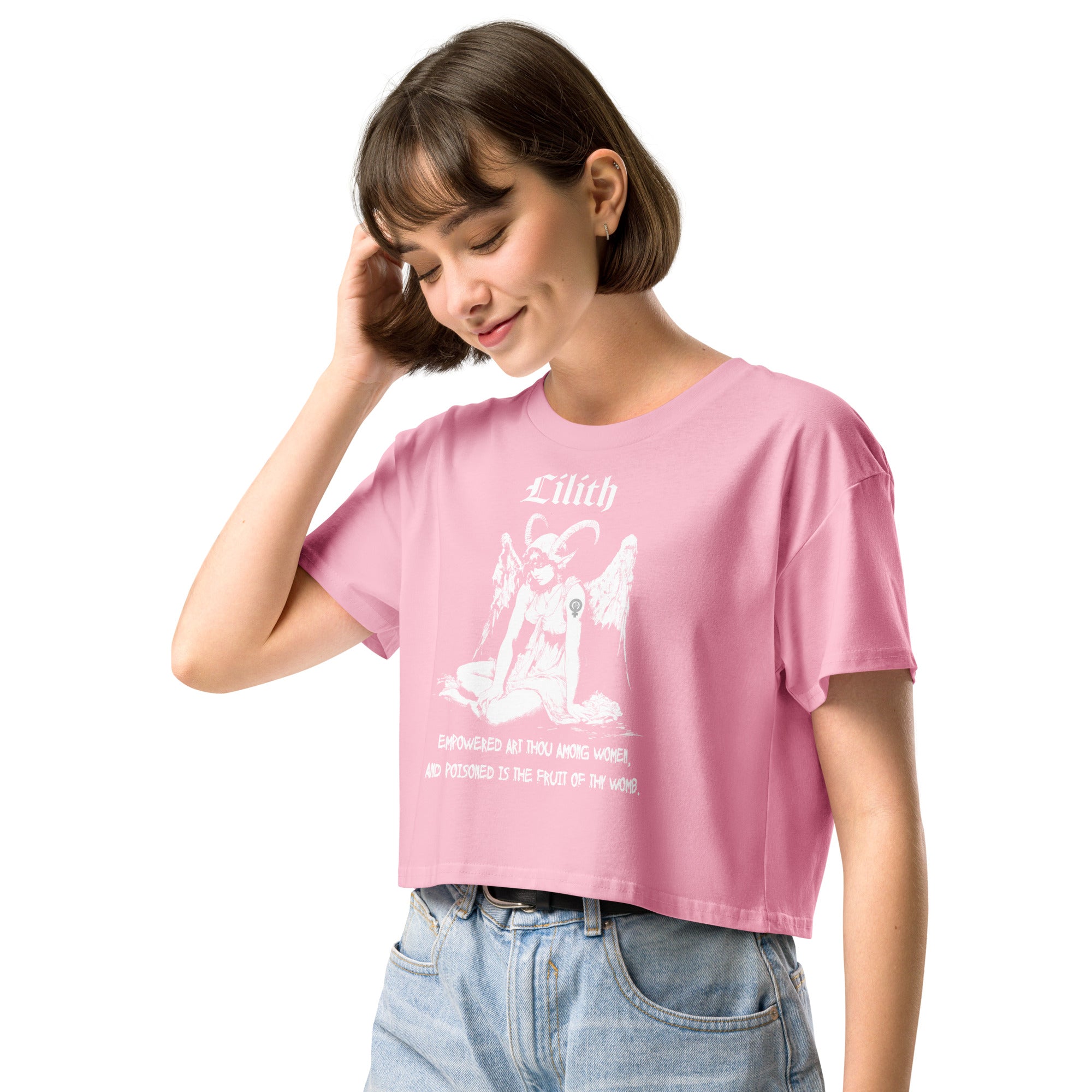 Black cropped cotton t-shirt featuring a black-and-white Lilith illustration with horns, wings, and gothic lettering.