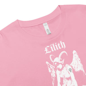 Black cropped cotton t-shirt featuring a black-and-white Lilith illustration with horns, wings, and gothic lettering.