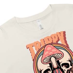 Cropped tee featuring a split skull and mushroom design with melting psychedelic color and smiley faces. Soft combed cotton, eco-friendly inks, playful surreal vibe.