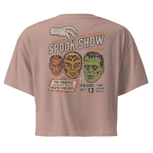 A distressed vintage poster with Dracula, Wolfman, and Frankenstein; One Night Only type on a premium hazy pink crop top.