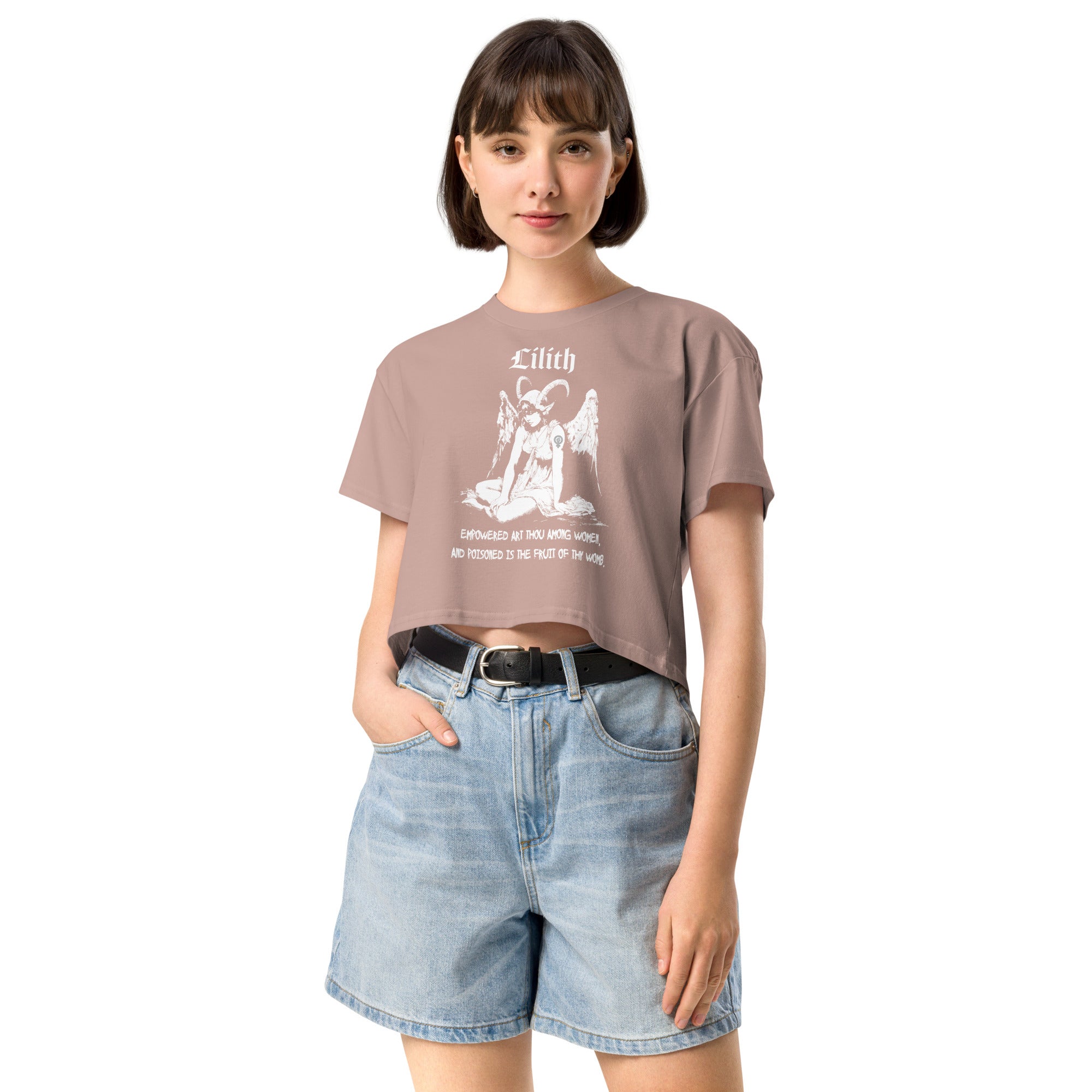 Black cropped cotton t-shirt featuring a black-and-white Lilith illustration with horns, wings, and gothic lettering.