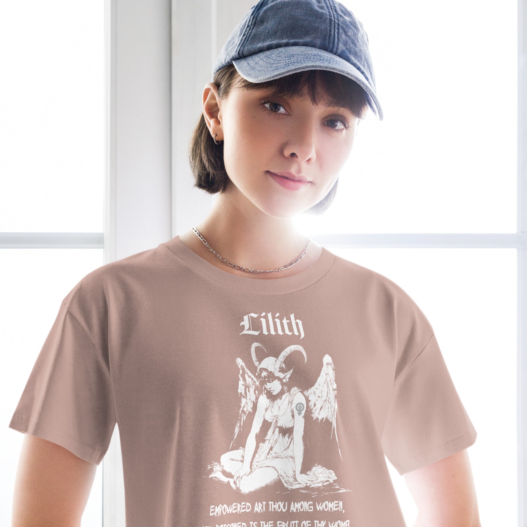 Black cropped cotton t-shirt featuring a black-and-white Lilith illustration with horns, wings, and gothic lettering.