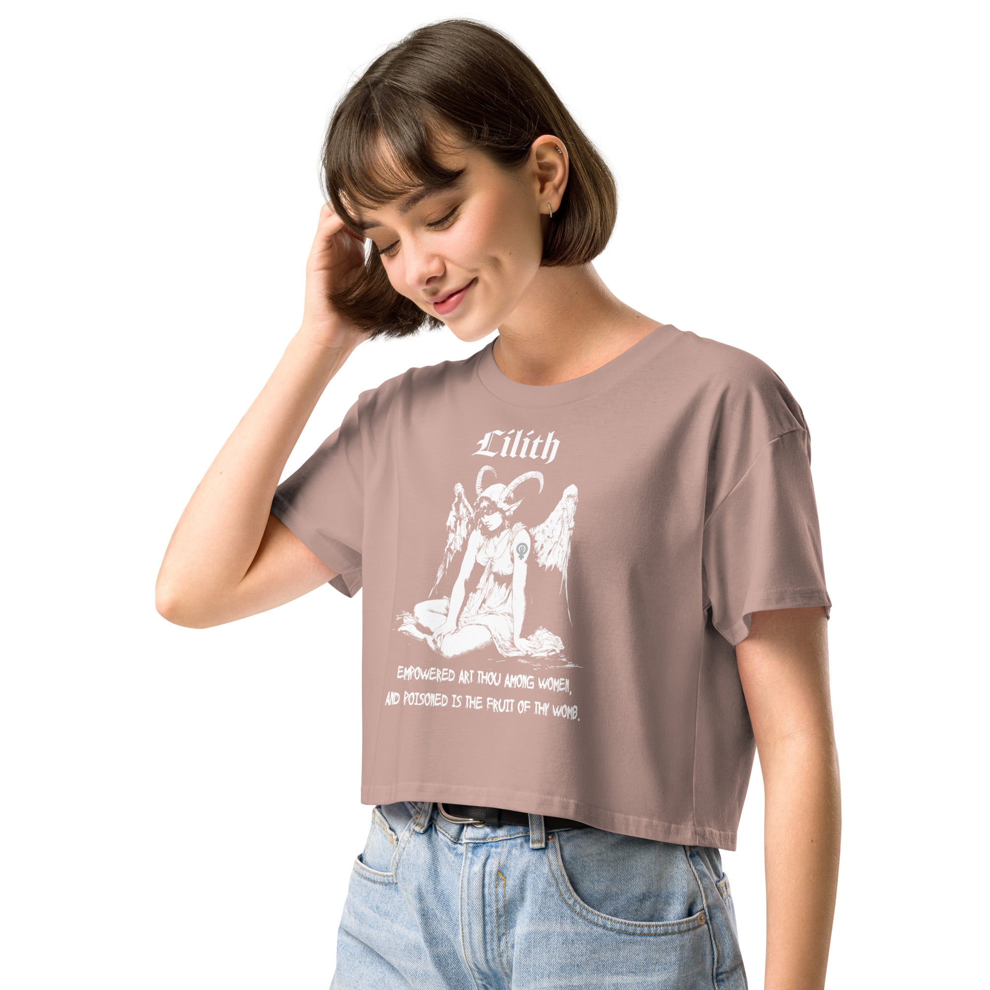 Black cropped cotton t-shirt featuring a black-and-white Lilith illustration with horns, wings, and gothic lettering.