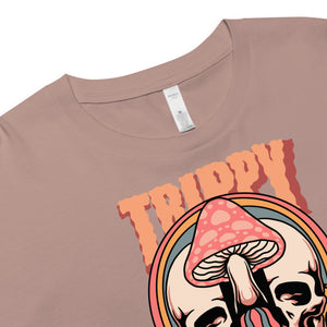 Cropped tee featuring a split skull and mushroom design with melting psychedelic color and smiley faces. Soft combed cotton, eco-friendly inks, playful surreal vibe.