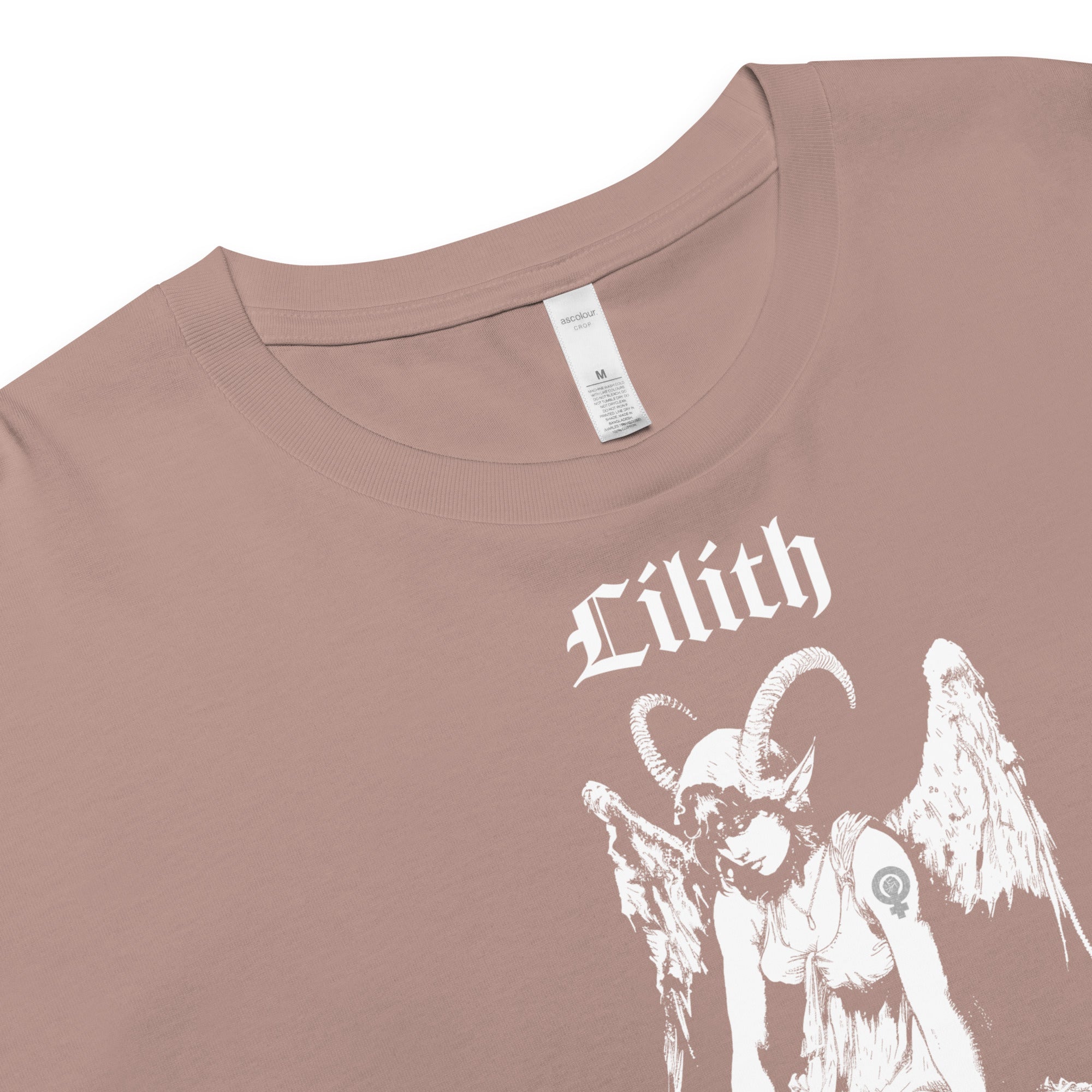 Black cropped cotton t-shirt featuring a black-and-white Lilith illustration with horns, wings, and gothic lettering.