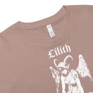 Black cropped cotton t-shirt featuring a black-and-white Lilith illustration with horns, wings, and gothic lettering.