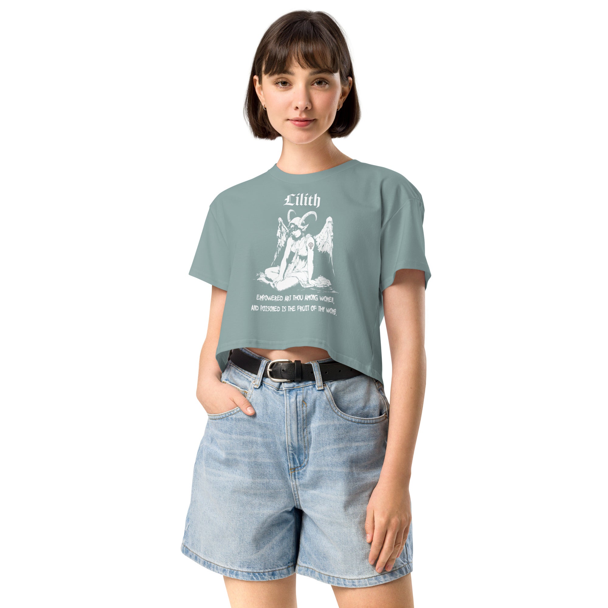 Black cropped cotton t-shirt featuring a black-and-white Lilith illustration with horns, wings, and gothic lettering.