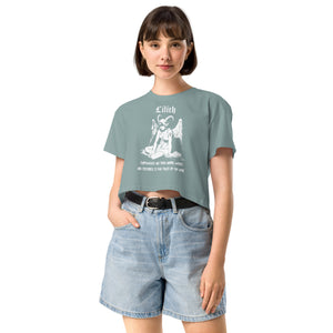 Black cropped cotton t-shirt featuring a black-and-white Lilith illustration with horns, wings, and gothic lettering.