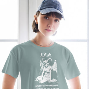 Black cropped cotton t-shirt featuring a black-and-white Lilith illustration with horns, wings, and gothic lettering.