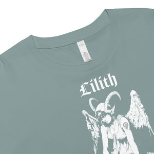 Black cropped cotton t-shirt featuring a black-and-white Lilith illustration with horns, wings, and gothic lettering.