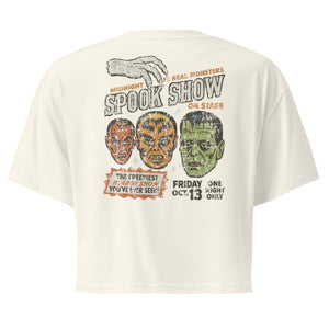 A distressed vintage poster with Dracula, Wolfman, and Frankenstein; One Night Only type on a premium natural crop top.