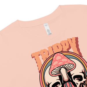 Cropped tee featuring a split skull and mushroom design with melting psychedelic color and smiley faces. Soft combed cotton, eco-friendly inks, playful surreal vibe.