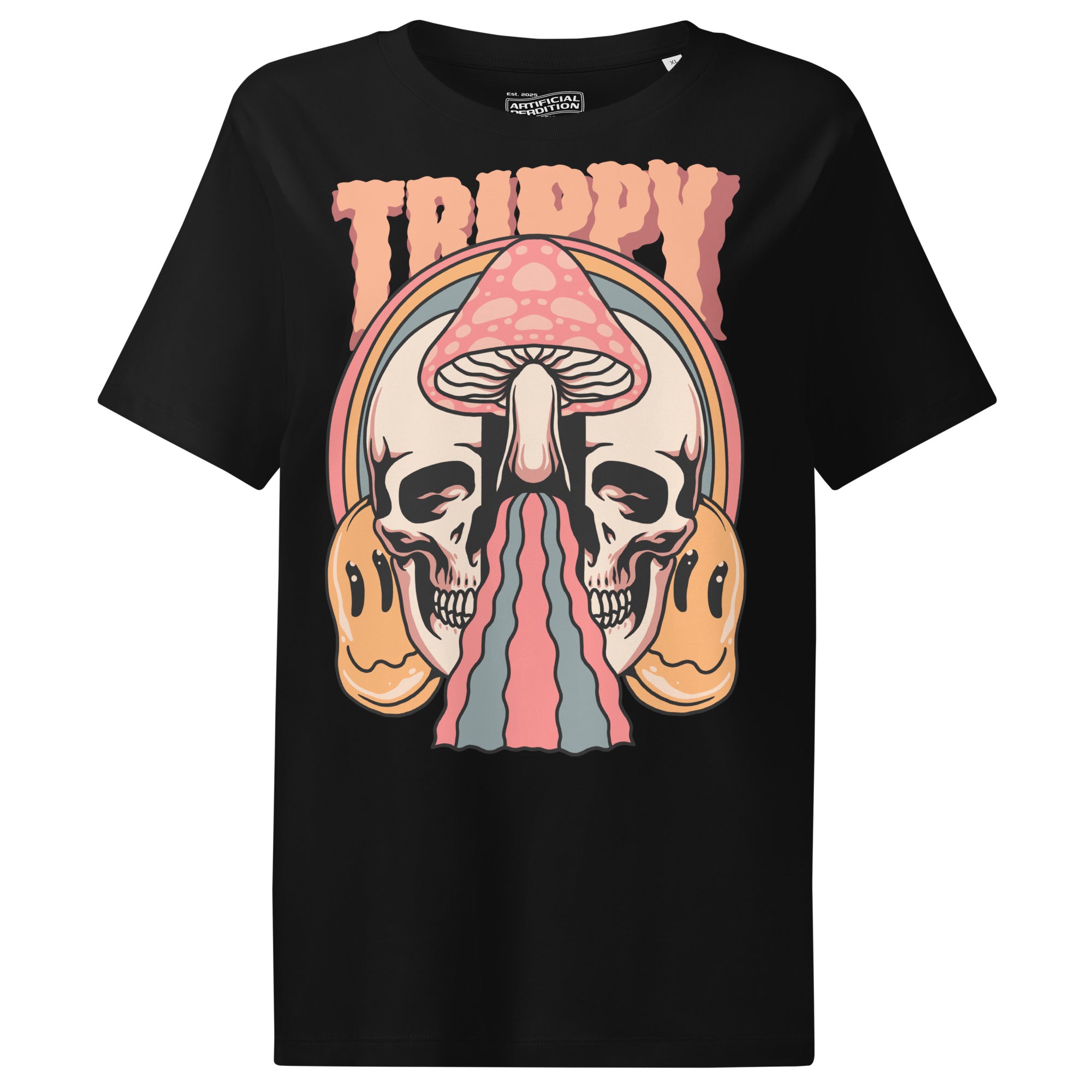 Fitted organic cotton t-shirt with a split skull divided by a pink mushroom, flowing psychedelic shapes, and small smiley faces.